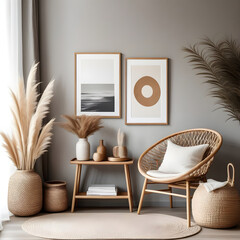 Scandinavian interior design of living room with rattan console, wooden chair, mock up poster frame, pampas in vase and trendy home accessories.