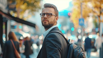 Fototapeta premium a business man with bag wearing glasses with blurred people walking in town city