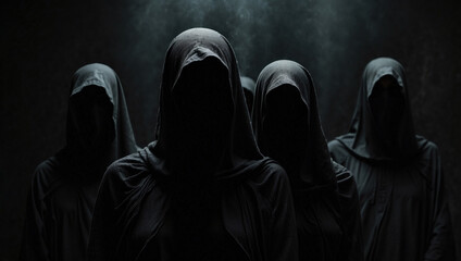 Group of mystery people in black clothes with hood symbolize the anonymity. AI generated - obrazy, fototapety, plakaty