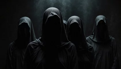 Fotobehang Group of mystery people in black clothes with hood symbolize the anonymity. AI generated © Mystery