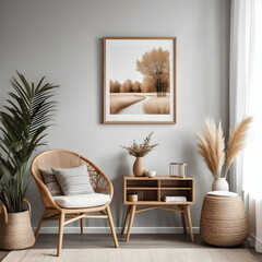Scandinavian interior design of living room with rattan console, wooden chair, mock up poster frame, pampas in vase and trendy home accessories.