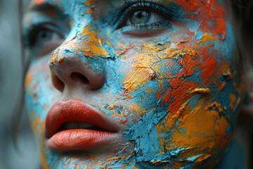 Close Up of Woman With Paint Covered Face. A womans face up close showing vivid paint splatters in a captivating and artistic display.