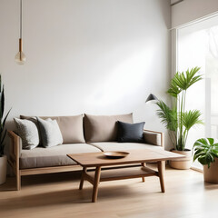 This minimalistic living room, featuring a cozy wooden couch, a modern table, an indoor plant, and other elegant furniture, creates a warm and inviting atmosphere that is perfect for both entertainin
