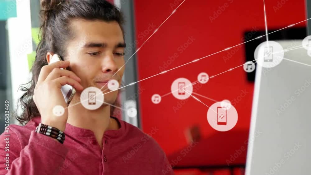 Poster animation of network of connected icons in circles over biracial man using smartphone