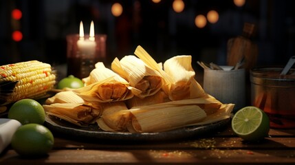 Generate an AI-rendered image that showcases the inviting sight of homemade corn and chicken tamales. The composition highlights the delicious tamales presented in an appetizing manner.
