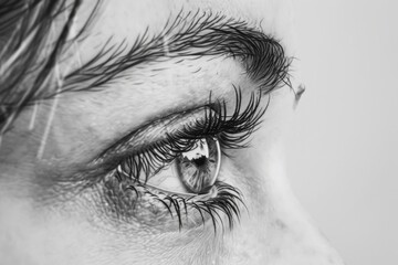 Obraz premium Close-up black and white photo of a woman's eye. Suitable for use in beauty, fashion, or healthcare related projects