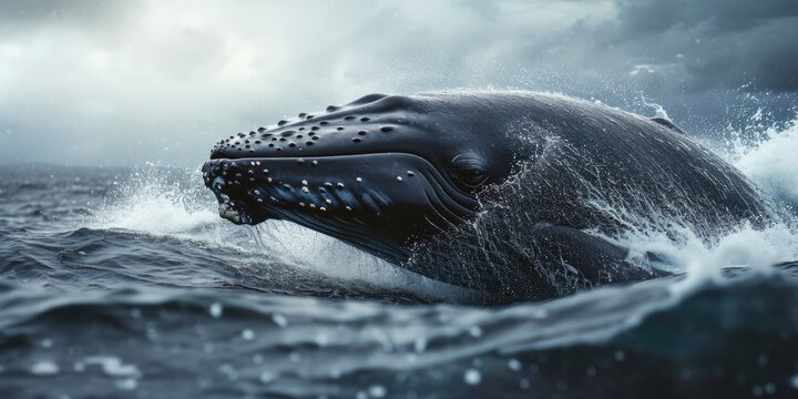 A stunning image capturing a humpback whale with its mouth wide open. Perfect for illustrating marine life and the majestic beauty of these magnificent creatures