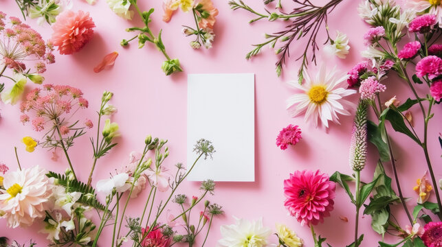 Blank paper card mockup with plenty of spring flowers on pink background. Design greeting card concept. Generative AI