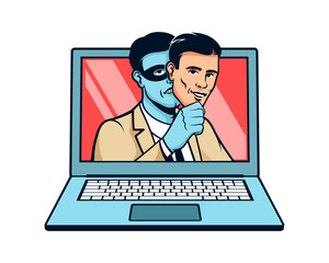 Fake profile on social networks. Social engineering. Laptop with a fake profile. Hacker in mask. Vector illustration.