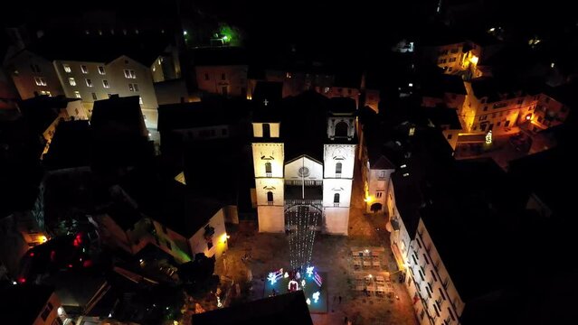 Aerial view of the Cathedral of St. Tryphon in the Old Town in Kotor, Montenegro