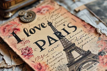 Gardinen Vintage Paris Themed Postcard with Eiffel Tower Illustration © AI-Universe