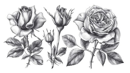 A simple and elegant drawing of three roses with leaves. Perfect for adding a touch of beauty to any project or design