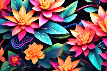 Pattern with colorful flowers and leaves. Generative AI