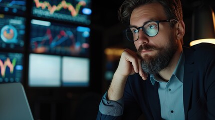 Busy serious business man broker stock exchange trade investor trader looking at laptop computer screen analyzing statistics graphs invest crypto market thinking of investment risks analysis
