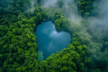 Valentine's day concept : Aerial Forest View with Heart-Shaped Lake