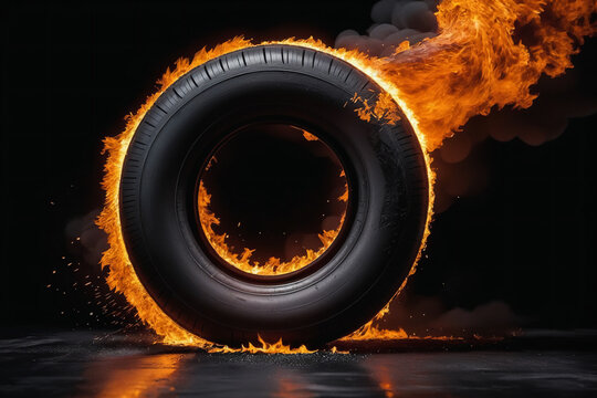 Scene of a burning tire rolling on black surface, pure black background