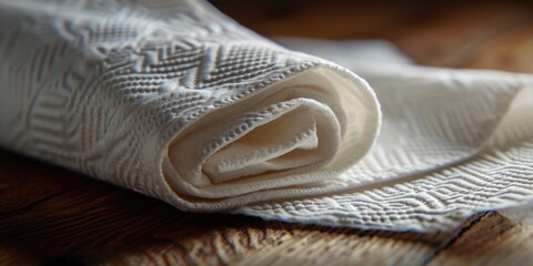 A rolled up white towel placed on a wooden table. Perfect for hotel or spa advertisements