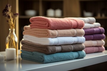 Obraz na płótnie Canvas Linen elegance Neatly stacked towels create a tidy and luxurious display