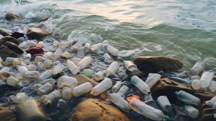 Shoreline littered with plastic waste. Pile of garbage thrown on the water, floating landfill junk
