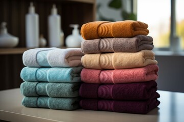 Obraz na płótnie Canvas Towel ensemble Stacked towels showcase a stylish and organized arrangement