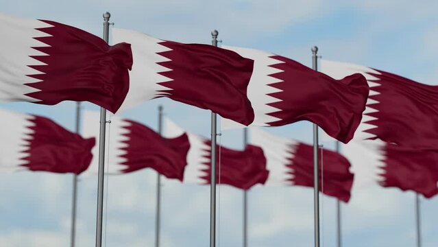 Qatar many flags waving together in the wind, seamless looped video