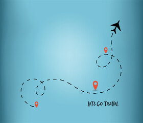 Lets Go Travel lettering with Aeroplane route, location labels on blue background. Flying plane isolated. Business trip, journey, travel. Holiday travel. Motivational header. Flat vector illustration