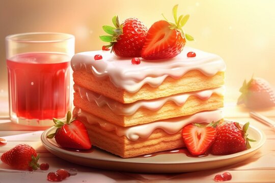 A yummy biscuit cake with layers, topped with vanilla milk cake slice, strawberries, and strawberry jam. Cute and sweet 3D illustration. Generative AI