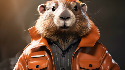 The beaver is wearing a leather jacket and resting in nature - obrazy, fototapety, plakaty