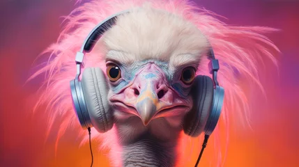Tuinposter An ostrich on a pink background listens to music with headphones © Tereza
