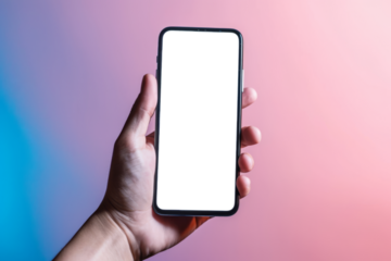 Hand holding modern smartphone with blank screen on gradient background, cut out - stock png.	