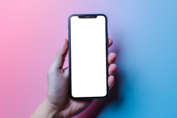 Hand holding modern smartphone with blank screen on gradient background, cut out - stock png.	