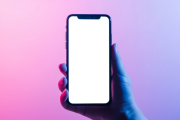 Hand holding modern smartphone with blank screen on gradient background, cut out - stock png.