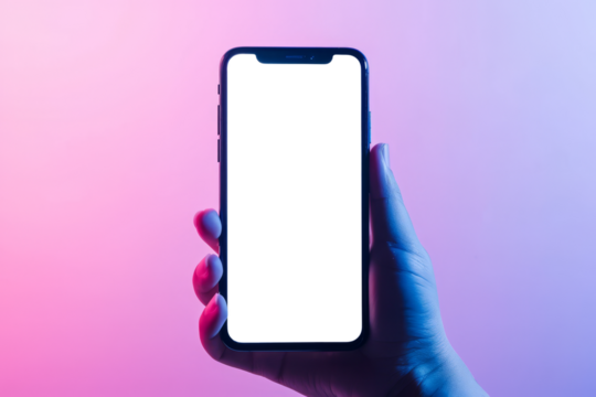 Hand holding modern smartphone with blank screen on gradient background, cut out - stock png.