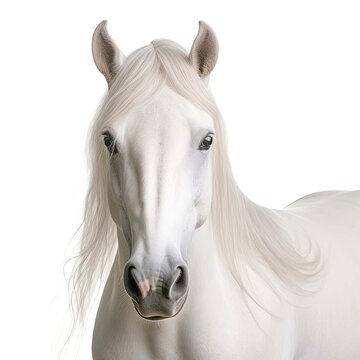  Close up portrait of a white horse isolated on white background