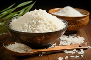 Obraz na płótnie Canvas Grain beauty Jasmine white rice in a wooden bowl with gold