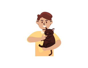 an illustration of a man holding a cat. likes cats. cat lover. cute and cute cat characters with their owners. pet. flat illustration design. graphic elements. vector