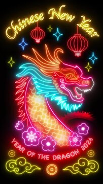 Vertical Chinese New Year 2024, Year of the Dragon animation, flickering colourful neon sign, Chinese Dragon with New Year greetings on black background loop.