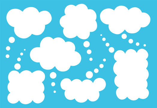 Set of thinking bubble, speech bubbles on blue background. Speak balloon text, cartoon chatting vector set of illustrations. Thought Bubble. Think cloud.