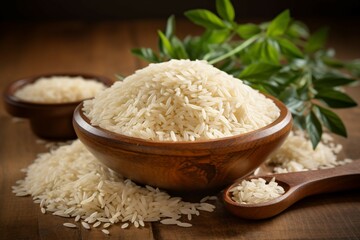 Farm elegance Jasmine white rice in a wooden bowl with gold grains