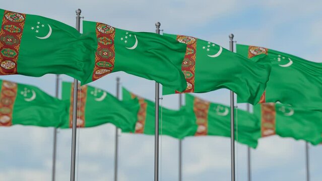Turkmenistan many flags waving together in the wind, seamless looped video