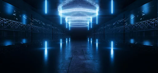 Sci Fi Futuristic Cyberpunk Alien Corridor Tunnel Stage Garage Showroom Cement Podium Realistic Neon Laser Bunker Blue Lights Studio 3D Rendering © IM_VISUALS