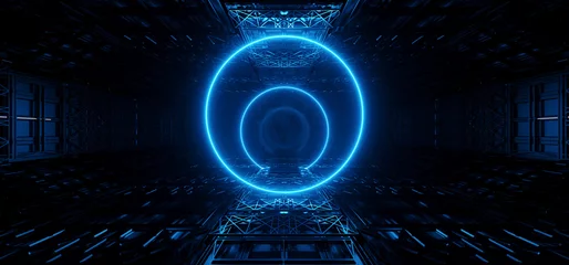 Sci Fi Futuristic Cyberpunk Alien Corridor Tunnel Stage Garage Showroom Cement Podium Realistic Circle Neon Lasers Metal Bunker Blue Lights Studio 3D Rendering © IM_VISUALS
