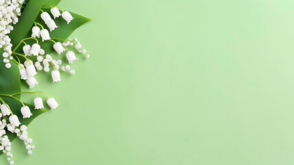 Fototapeta premium Spring composition of lily of the valley flowers, top view with space for copy text on a green background ​