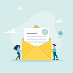 The characters target the audience, send out sales letters and promotional offers, and analyze marketing data. Business concept. Vector illustration
