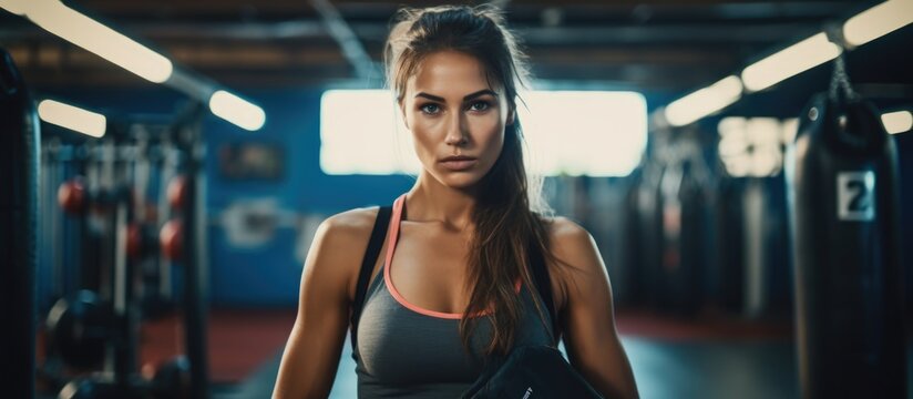 Sporty woman engaging with heavy bag in gym.