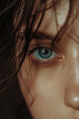 A close-up shot of a person with striking blue eyes. Perfect for capturing the beauty and intensity of the eyes. Ideal for use in fashion, beauty, or portrait photography