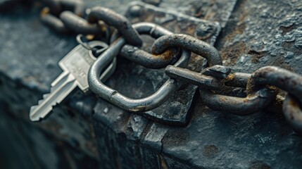 A close up view of a key attached to a chain. This image can be used to symbolize security, access, or unlocking potential