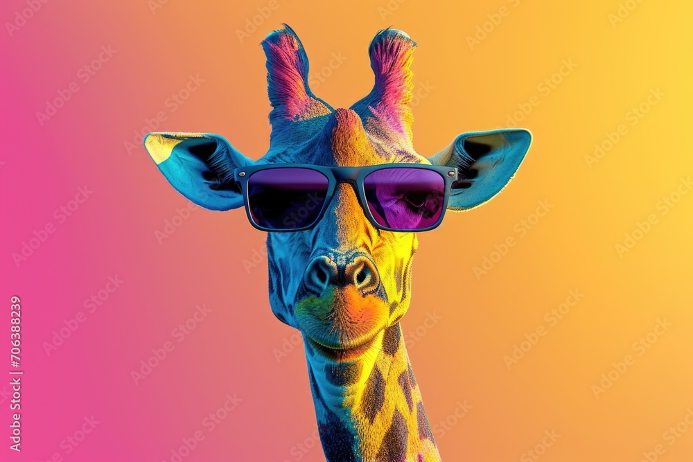 Poster a picture of a giraffe wearing sunglasses. perfect for adding a touch of fun and humor to any projec