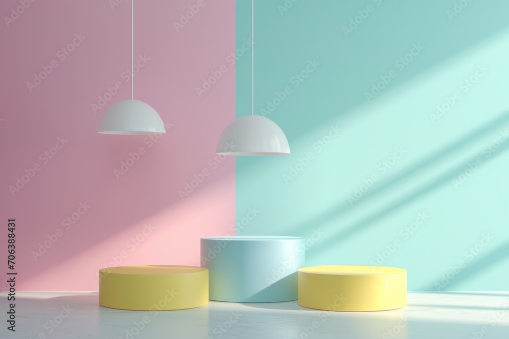 Poster a room with a vibrant color scheme featuring shades of pink, blue, and yellow. perfect for adding a 
