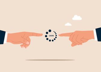 Hands reaching out, pointing finger, with loading icon. Flat vector illustration